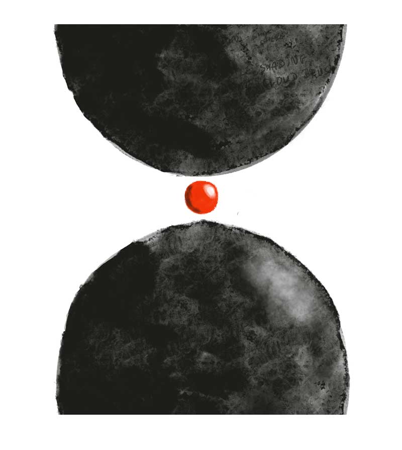 contemporary abstract art black spheres red sphere