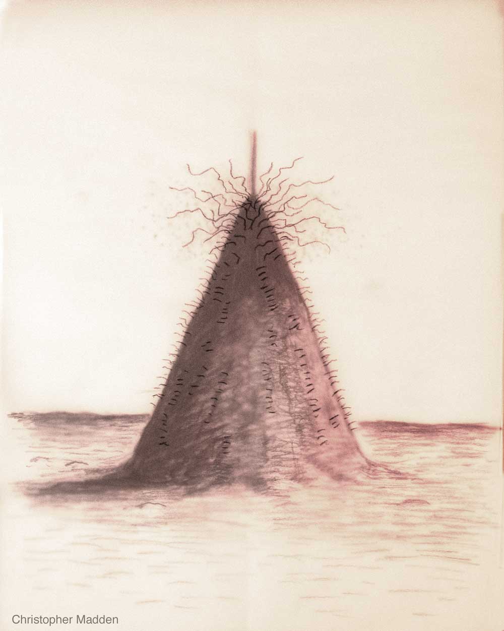 contemporary art pencil drawing - cone - geometric form in landscape