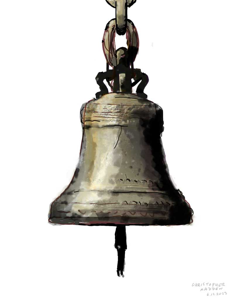contemporary art sketch hanging man bell