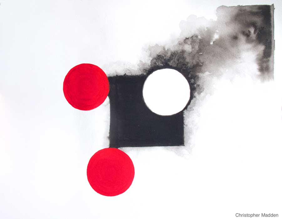 Modern art abstract painting - black square, red circles