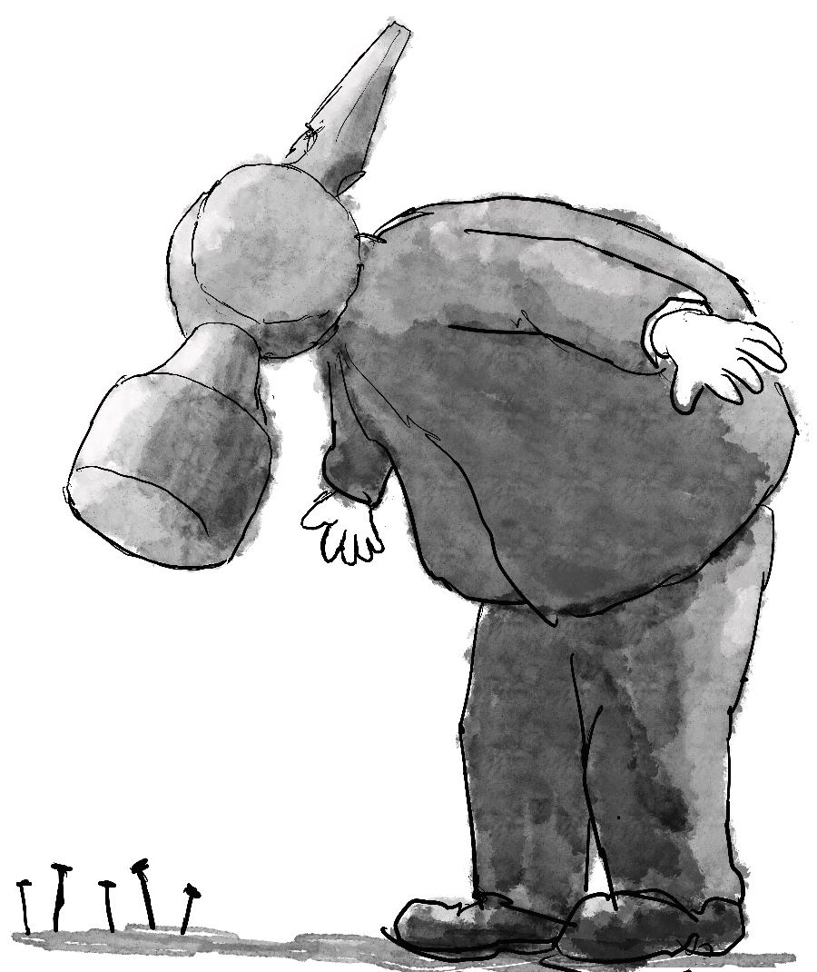 .Contemporary art digital drawing of a person with a hammer as a head. An artwork about oppression
