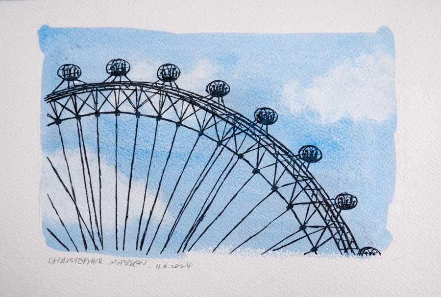 watercolour and ink sketch of the London Eye