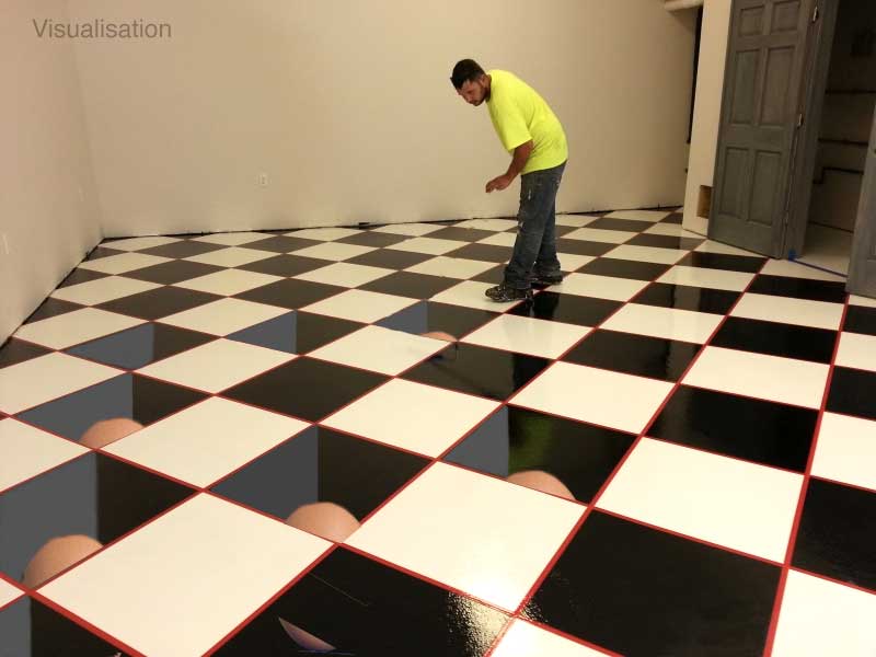holes in a black and white checkered tiled floor