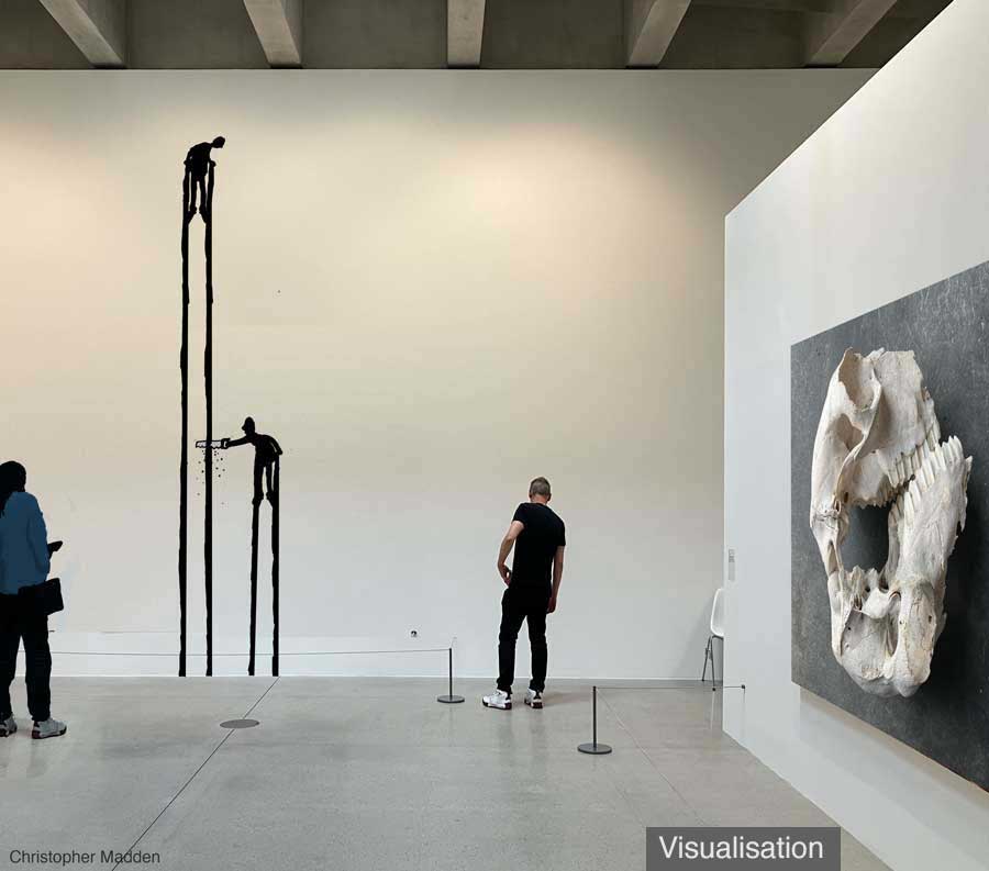 contemporary art wall mural. Stilt man and power