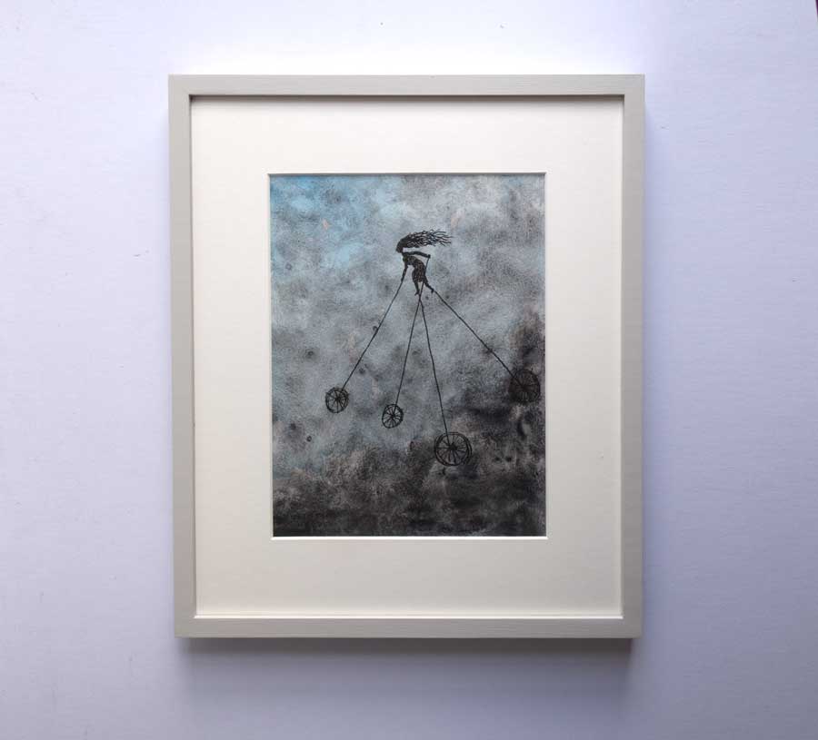 contemporary art watercolour ink drawing stilt walker